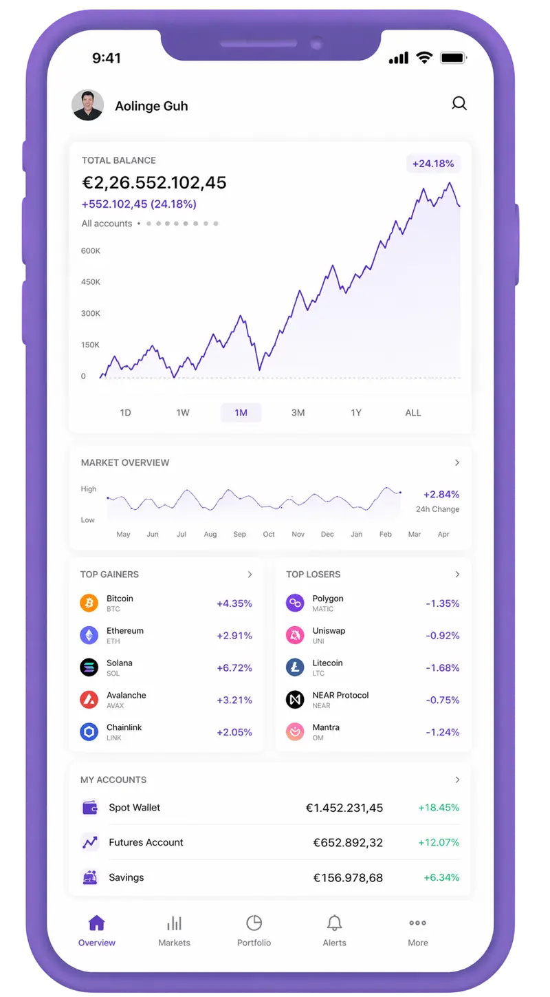 CoraTechUp mobile app showing portfolio overview
